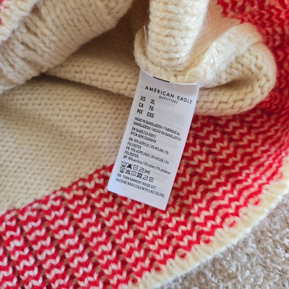 American Eagle Cable Knit Sweater Cream With Red Stripes Fisherman Crop XL NWT - Picture 11 of 13